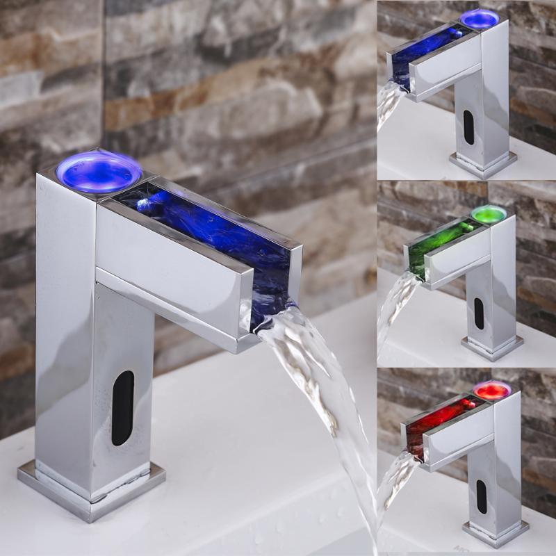 

LED light waterfall all-copper faucet automatic hot and cold mixer barthroom mixed water sensing taps Stylish glowing basin tap