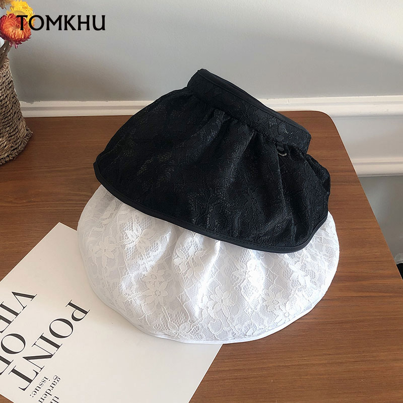 

New Style Women Beach Lace Cap Sun Hats Wide Large Brim Visor Empty Top Hat Female Summer Sunscreen Folding Big Sun Hat for Girl, White