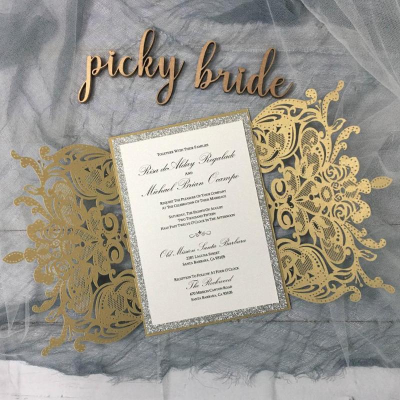 

Gold Laser Cut Wedding Invitations with Ribbon Bow, Silver Glitter Wedding Cards,Customized Invite Cards - set of 50