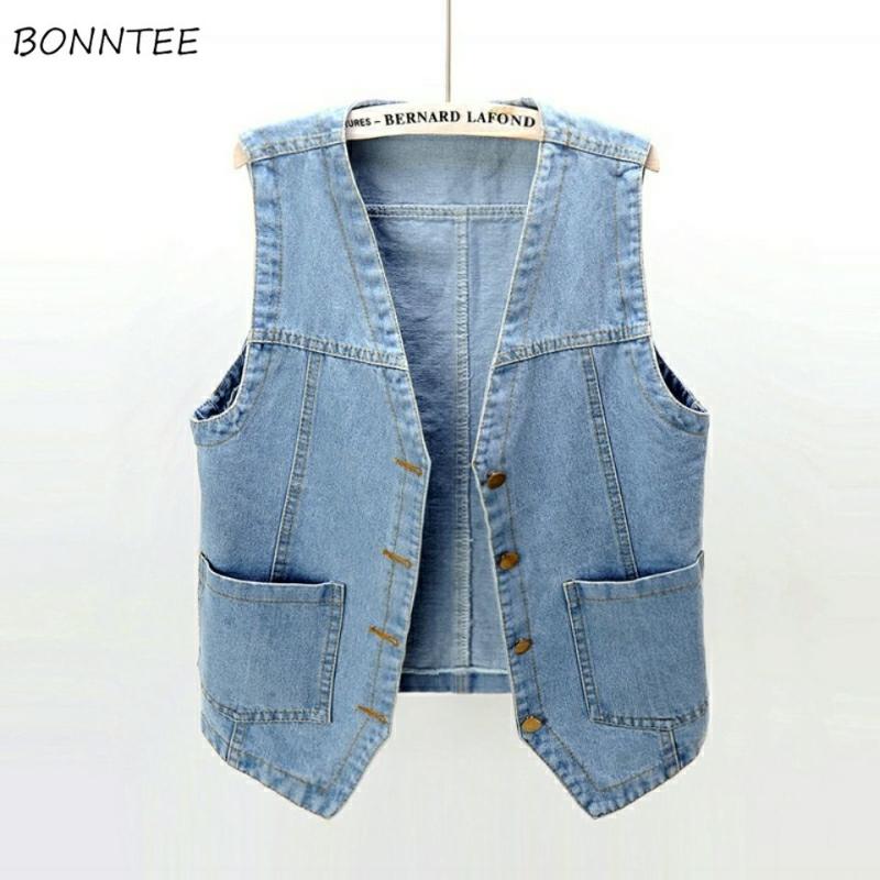 

Vests Women Spring Summer All0match BF Style Sleeveless Student Teens Cropped Jacket Denim Chic Basic Simple Womens Outwear New, Light blue
