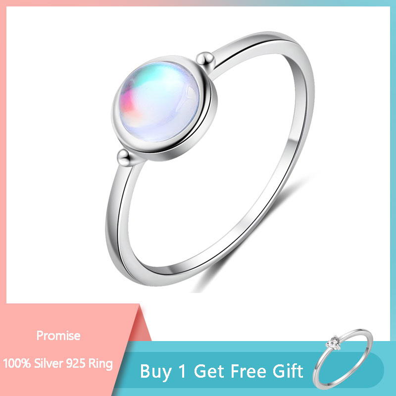 

925 Sterling Silver Round Moonstone Ring Minimalist Thin Women Engagement Ring Wedding Band Silver 925 Jewelry (Lam Hub Fong