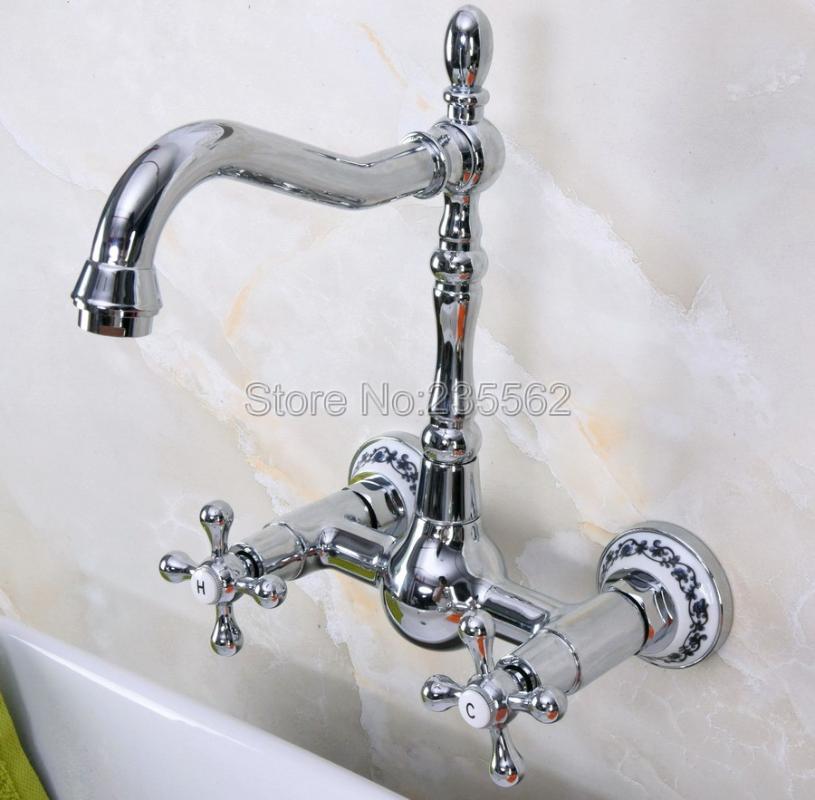 

Polished Chrome Swivel Spout Kitchen Bathroom Basin Vessel Sink Mixer Tap Wall Mount Dual Handle Lnf966