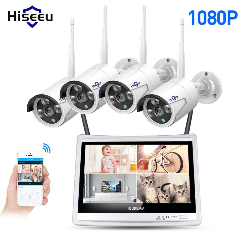 

Hiseeu 4CH 1080P Wireless NVR Kits 12' LCD display HD outdoor security 2MP IP Camera video surveillance wifi cctv camera system