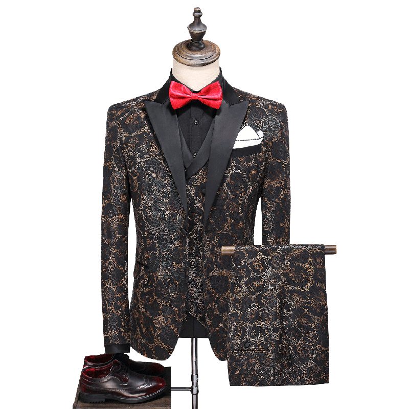 

2020 large size suit suit men' three-piece evening stage banquet dress floral slim host, Blue