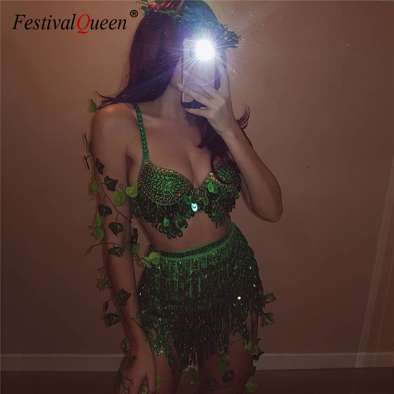 

Sparkle Sequins Sexy 2 Piece Outfits Backless Low Cut Bra Crop Tops Bandage Long Tassel Mini Skirts Women Clubwear Matching Sets, Purple