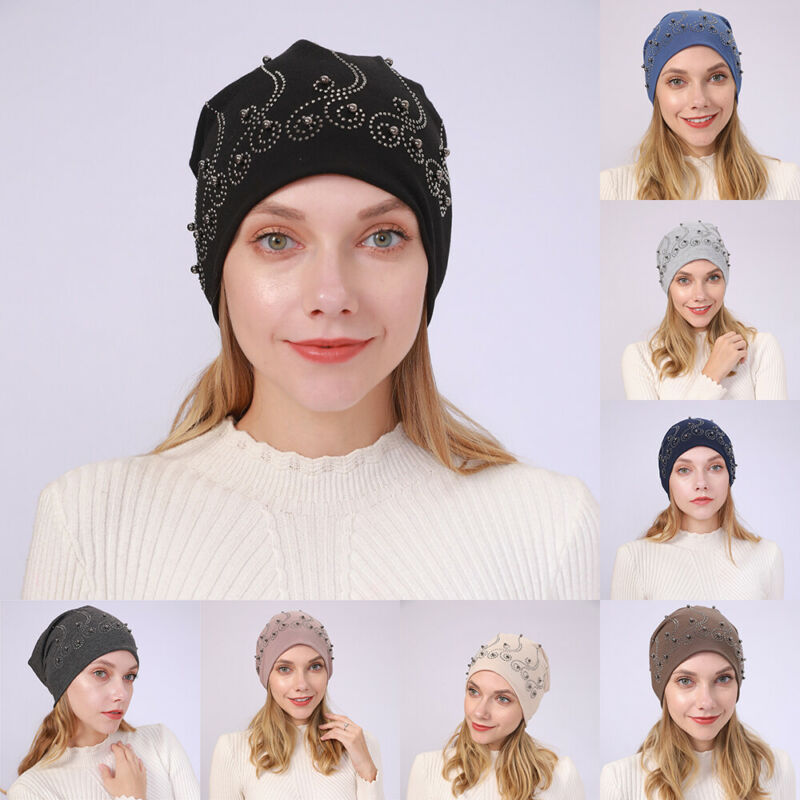

2020 Winter hats women cotton pearl beanie diamond ladies warm hat Skullies solid Caps Femme Beanies