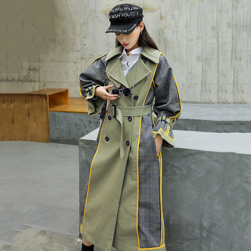 

2020 Spring Woman Long Trench Coat Fashion Double-breasted Hit Color Plaid Windbreaker Loose Bandage Overcoat Women Coat H148, Photo color
