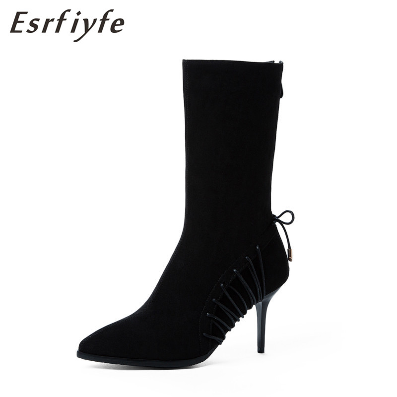 

ESRFIYFE Women Sock Boots Pointed Toe Elastic Slip on Short Boots Stiletto Botas Zapatos De Mujer Sock Shoes High Heels, Wine red