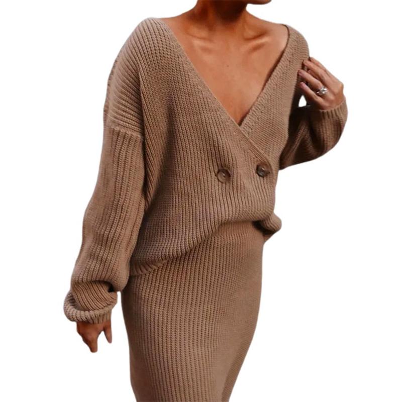 

Women Autumn Winter Outfit Long Sleeve Knitted Sweater Skirt Two Pieces Dress 2020, Blue