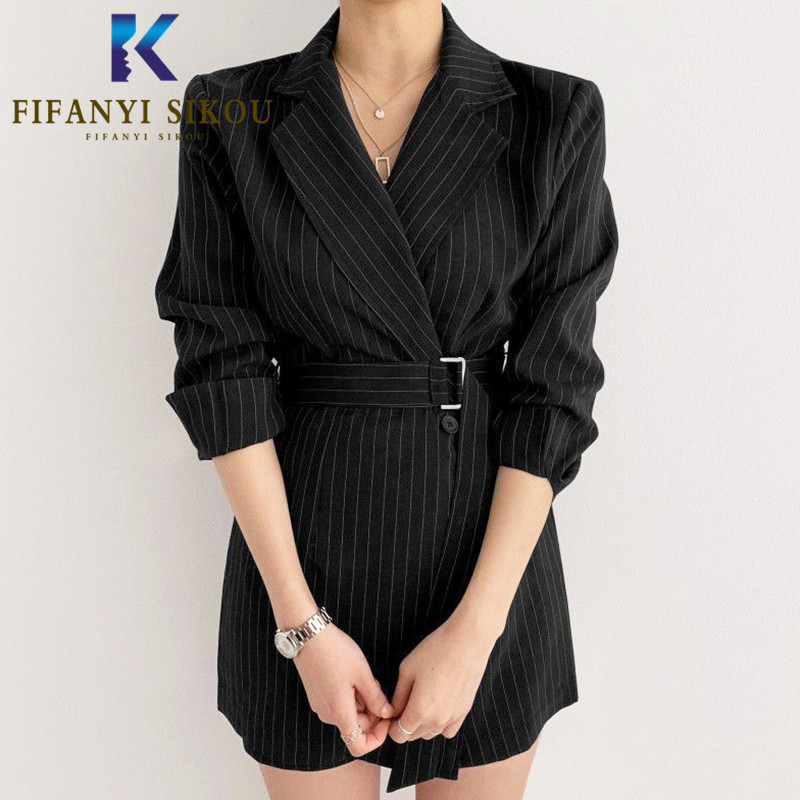 

Black Striped Women Blazer Dress Fashion Lapel Long Sleeve High waist Mini Dress Elegant Office Lady Party 2020 Autumn New