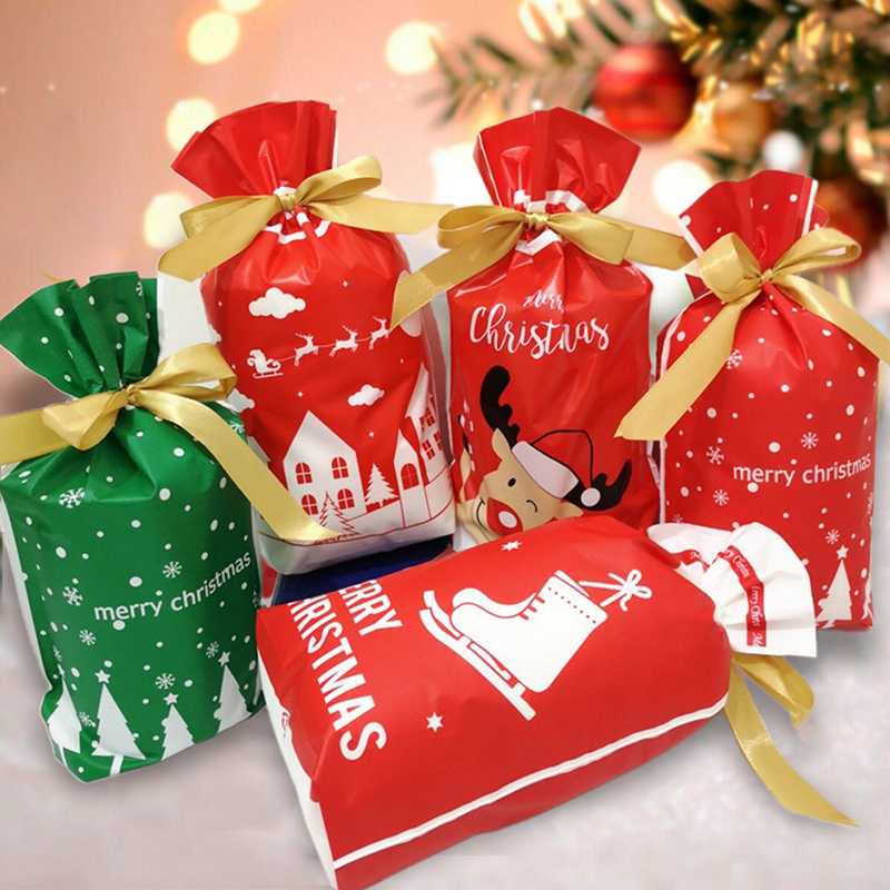 

10Pcs Merry Christmas Candy Bag Santa Claus Elk Snowflake Drawstring Gift Bags