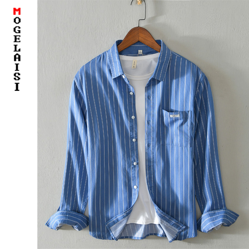 

New blue small Striped shirt men 100% cotton long sleeve 3 color slim autumn Comfortable high quality shirt chemise homme 5038