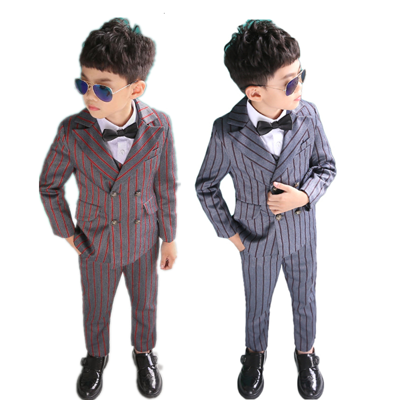 Flower Boys Dress Suit Sets Children Striped Blazer Vest Pants 3pcs Clothing Set Kids Wedding Party Performance Tuxedo Costume-image-572880176