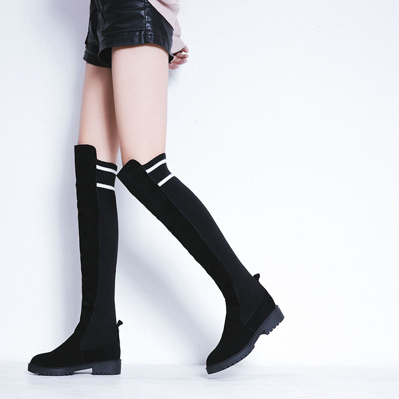

YMECHIC Black Elastic Thigh High Boots Knitting Cow Suede 2020 Autumn Winter Over The Knee Women Black Long Knight Riding Boots