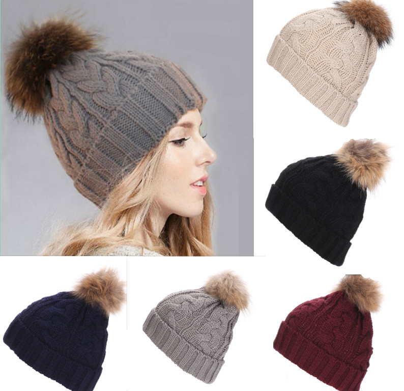 

6colors Autumn winter Fashion Women Wool Knitted warm Raccoon Fur Pompom Beanie Hats, White