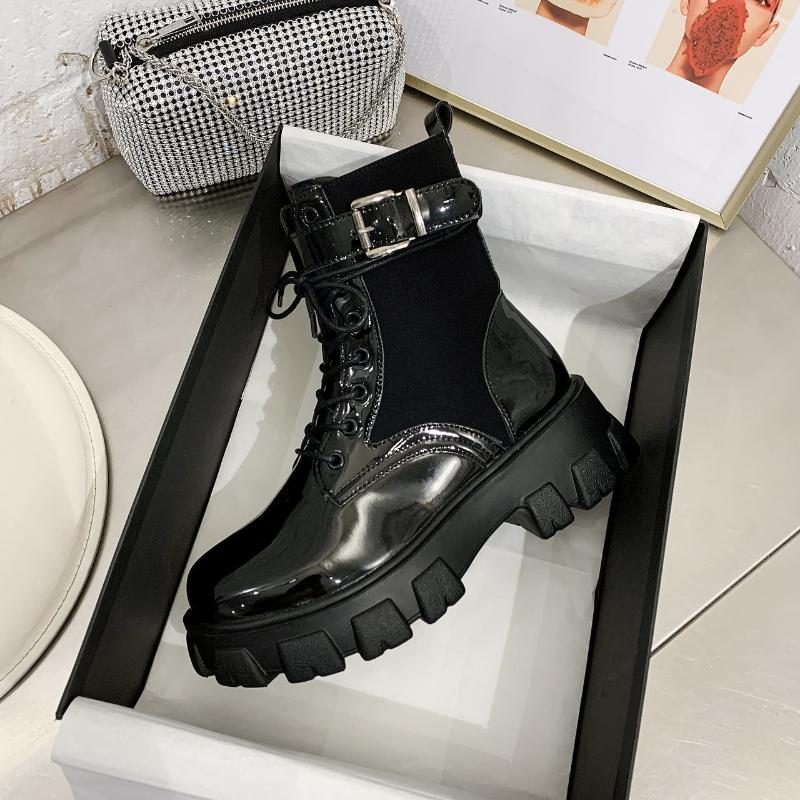 

Women Ankle Boots Woman 2020 Patent Leather Black High Platform Boots Non-slip Wear-resistant Ankle Botas Mujer