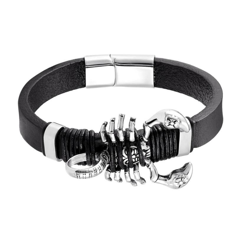 

Janeyacy Brand Punk Men Leather Bracelets Stainless Steel Scorpion Charm Bracelet Fashion New Design Gifts Pulseira