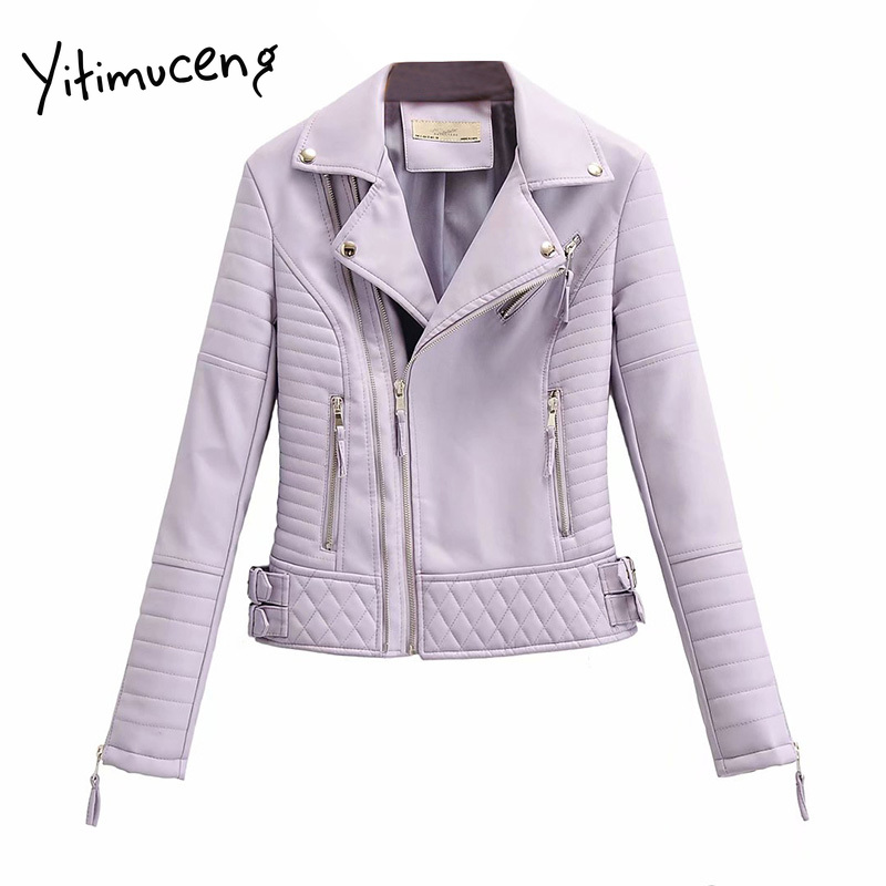 

yitimuceng new women leather jacket 2020 zipper coat female motorcycle black white pink punk style solid Pu Leather Jacket women