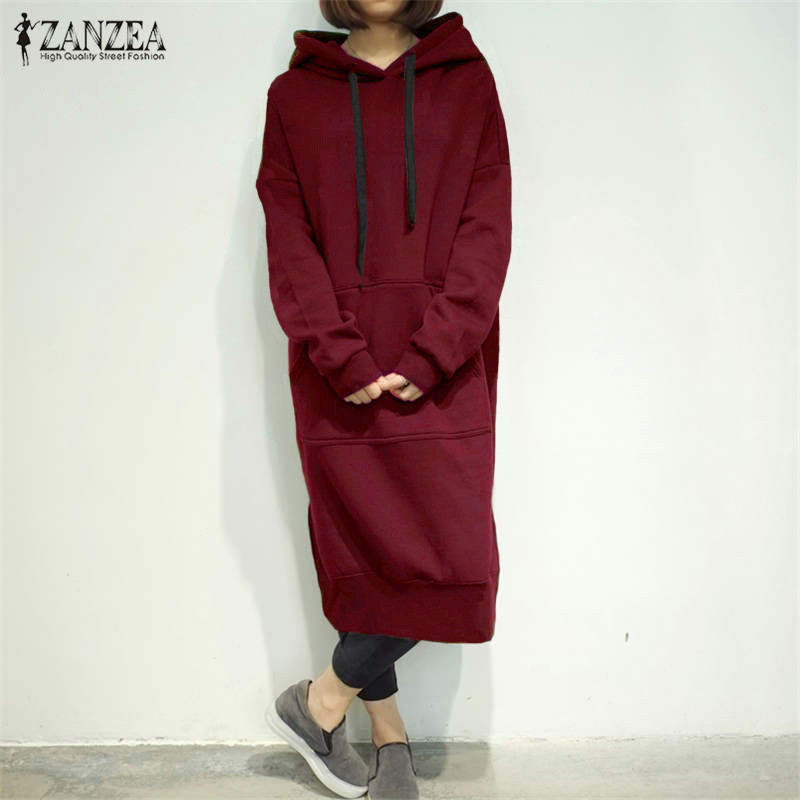 

Women' Sweatshirts Dress Casual Mid-Claf Hoodies ZANZEA 2020 Vestidos Split Front Pockets Hooded Pullover Female Robe Plus Size, Black