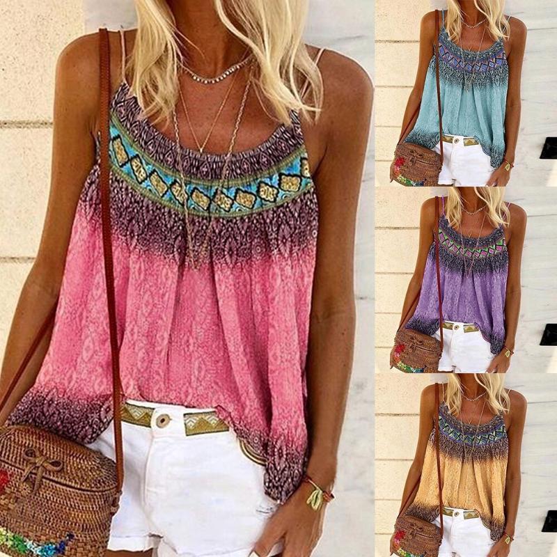 

Elegant Blouse Shirt 2020 Spring Summer O Neck Sleeveless Boho Blouse Women Vintage Plus Size Strappy Tops Blusas, Pink
