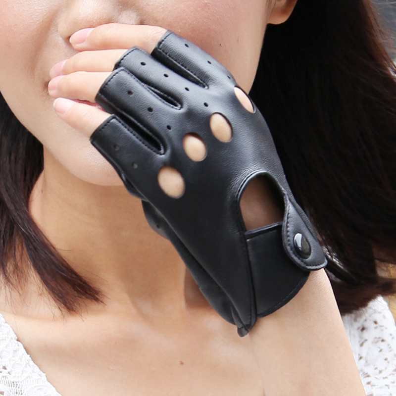 

Fashion Women Half Finger Gloves Pu Leather Fingerless Gloves Black Women Hand Hollow comfy 2020 new girl high quality