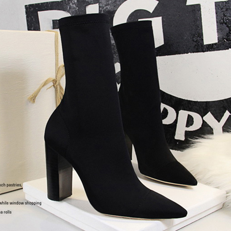 

NEW Mid-Calf Boots Sexy Sock Boots Women High Heel Stretch Fabric Women Winter Shoes Female Square Heels Shoes, 315-1beige