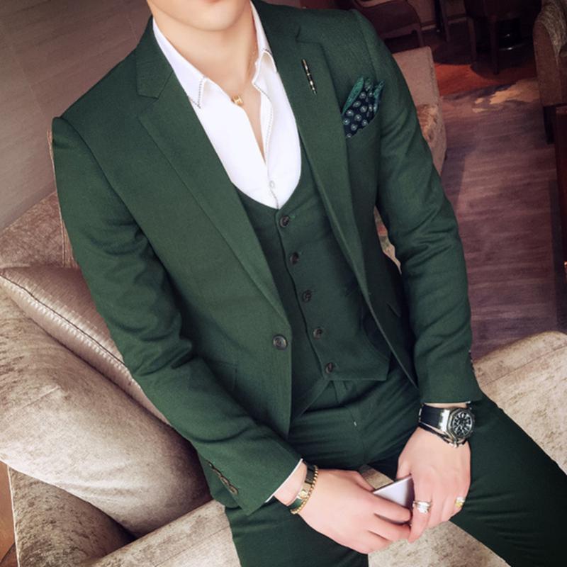 

2020 Green Mens Suits Slim Fit 3 Pieces Male Party Suits Custom Made Wedding Groomsmen Tuxedos (Jacket+Pants+Vest, Gold
