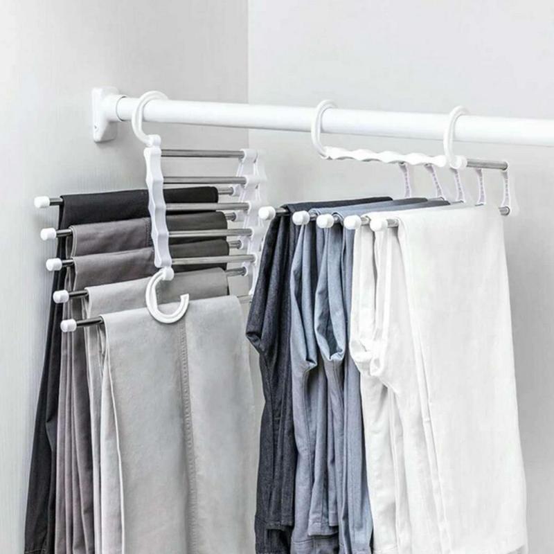 

Drop ship 5 in 1 Multi-functional Pant Rack Shelves Space Safer Stainless Steel Magic Wardrobe Clothing Hangers For Clothes Rack