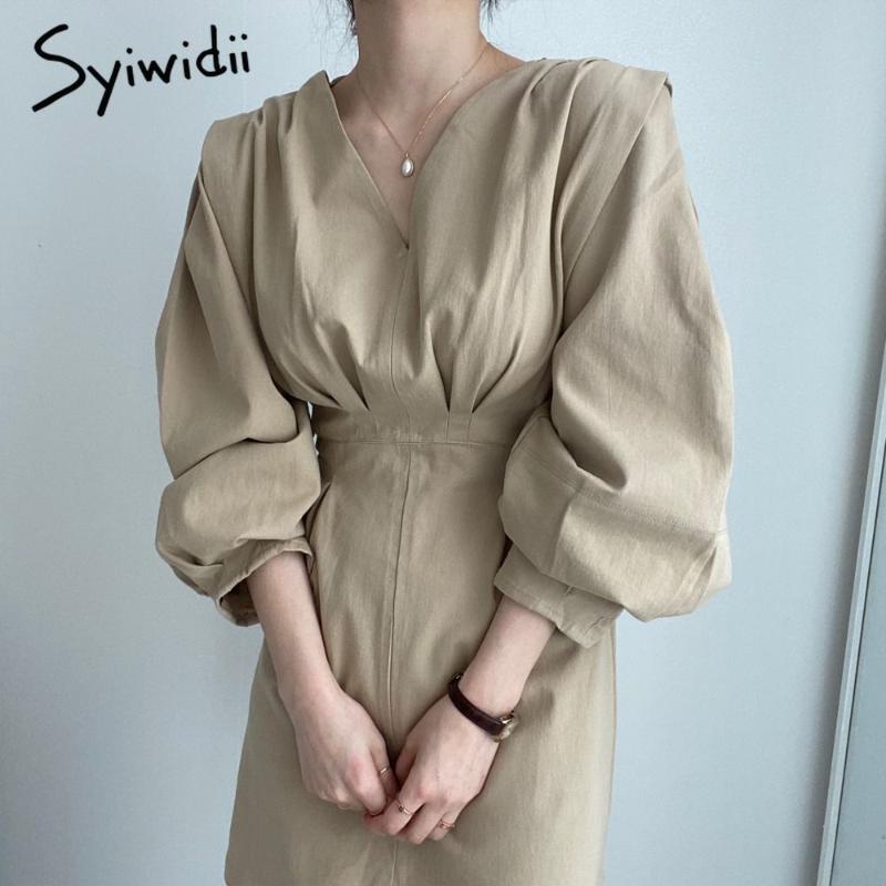 

syiwidii dress women high waist slim A-line V neck solid empire mini dresses office lady chic korean women clothes 2020 beige