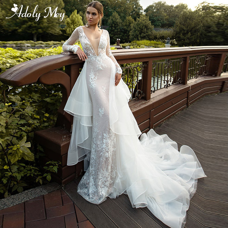 

Adoly Mey Sexy Deep V-Neck Backless Detachable Train Mermaid Wedding Dresses 2020 Luxury Beaded Appliques Princess Wedding Gown, Green