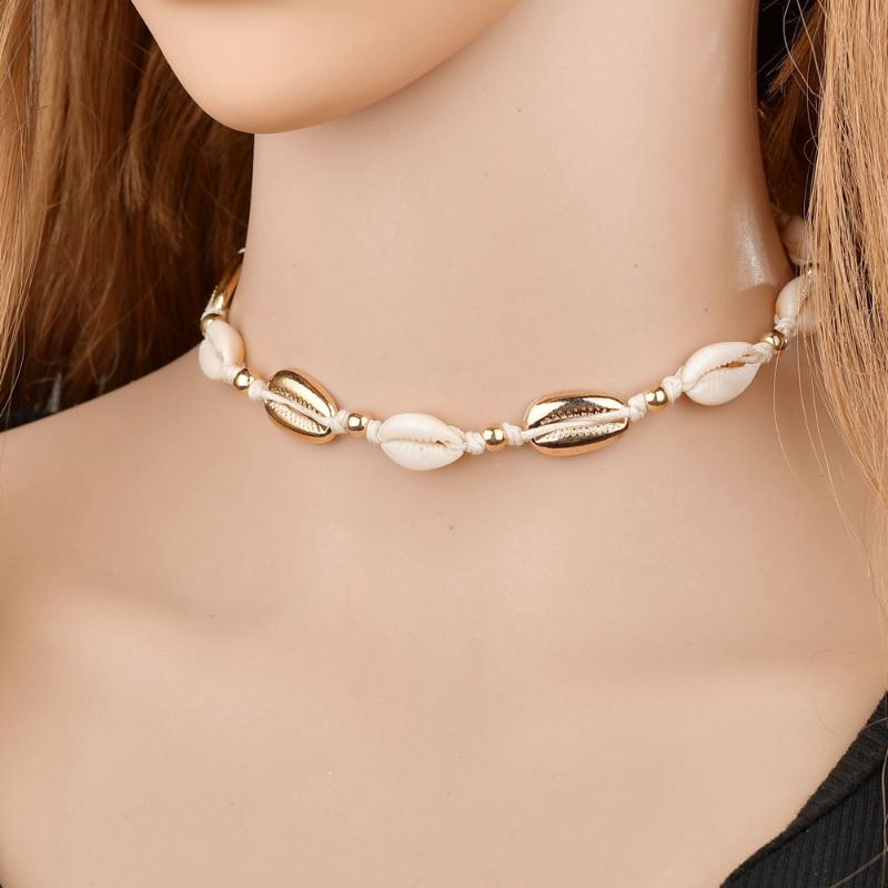 

Trendy fashion jewelry ladies necklace natural shell choker pure handmade alloy shell knotted braided necklace women