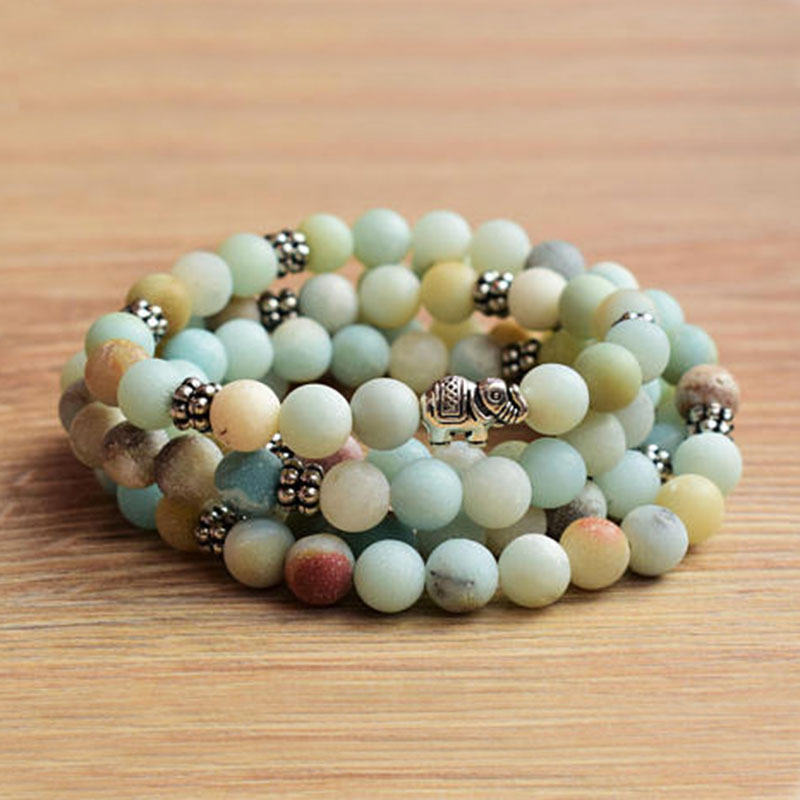 

108 Mala Beads Matte Amazonite Elephant Wrap Bead Bracelet Amazonite Healing Meditation Ge-mstone Mala Prayer Bead Bracelet Luck