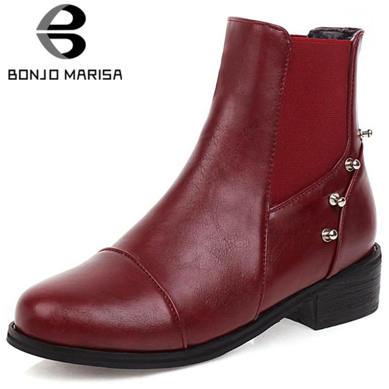 

BONJOMARISA New Ladies Street Punk Rivet Decorating Boots Elegant slip-on Ankle Boots Women Med Chunky Heels Women Shoes, Black