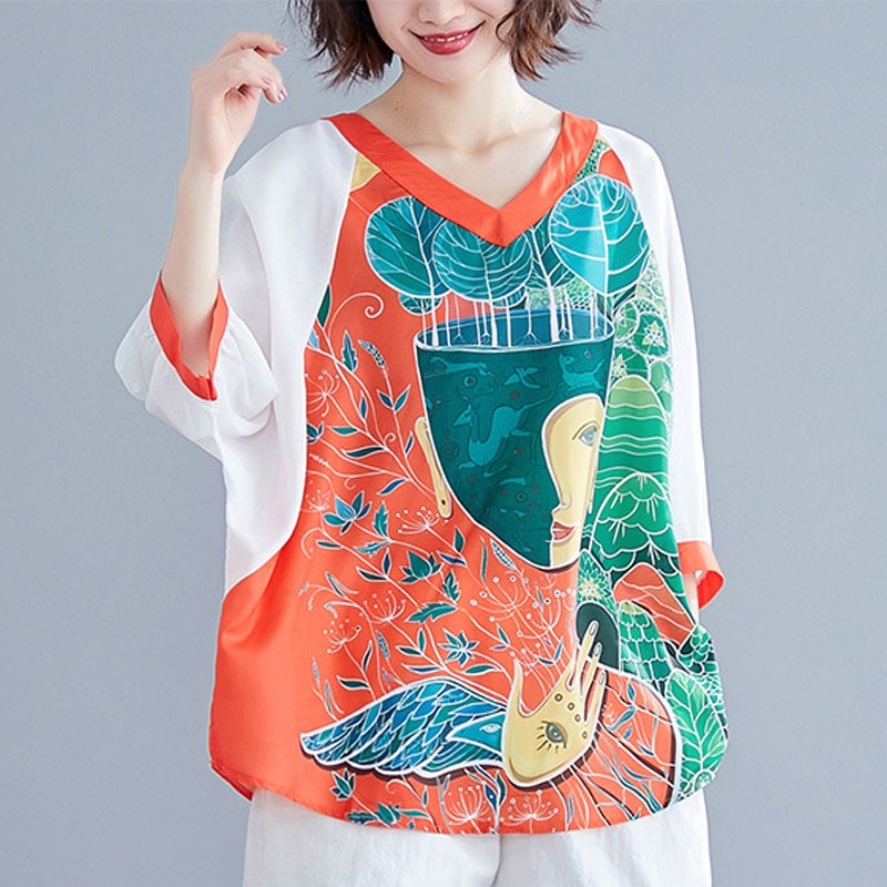 

Johnature Summer New Korean Retro Patchwork Print V-neck Half Sleeve Batwing Sleeve T-shirt 2020 Fashion All-match Women Tops, White