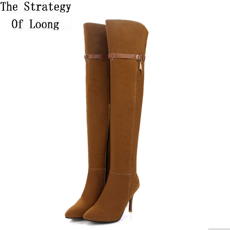 

Women Nubuck Leather Thin Heels Short Plush Thigh High Boots Winter Thick Warm Buckle Fashion Over The Knee Long Boots 20200125, Black