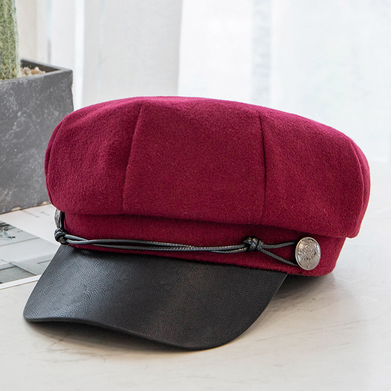 

Celebrity Inspired Woolen Navy Hat Female Leather Rope All-match Beret Female Korean-Style British Retro Octagonal Hat Fashion, Khaki