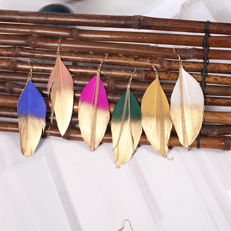

2020 Ethnic Bohemian Chain Two fluorescent feather earrings vintage long feather earring for women Charm women jewellery