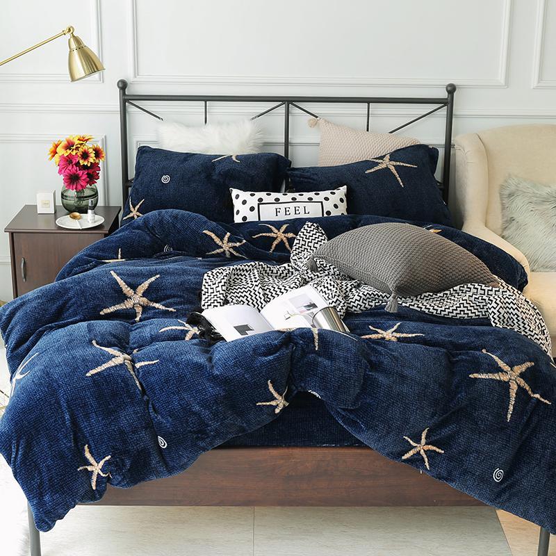 

J2 JPcs grey pink luxury Fleece fabric bedding set queen king bed set Starfish pattern duvet cover bed sheet pillowcase