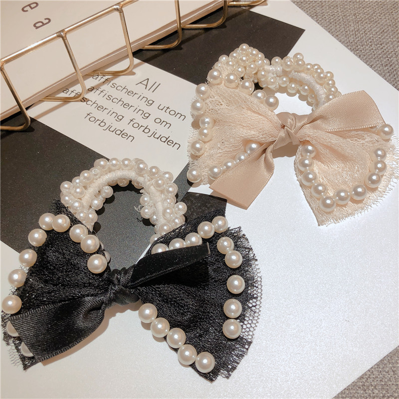 

Korean Style Women Girls Lace Bow Imitation Pearl Rubber Band Hair Rope Fashion Girl Women's Hair Accessories Elastic Bands