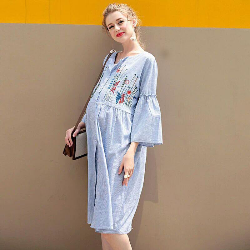 

2020 Summer Fashion maternity clothes Floral Embroidery ruffle sleeve maternity dresses for pregnant women, As pic