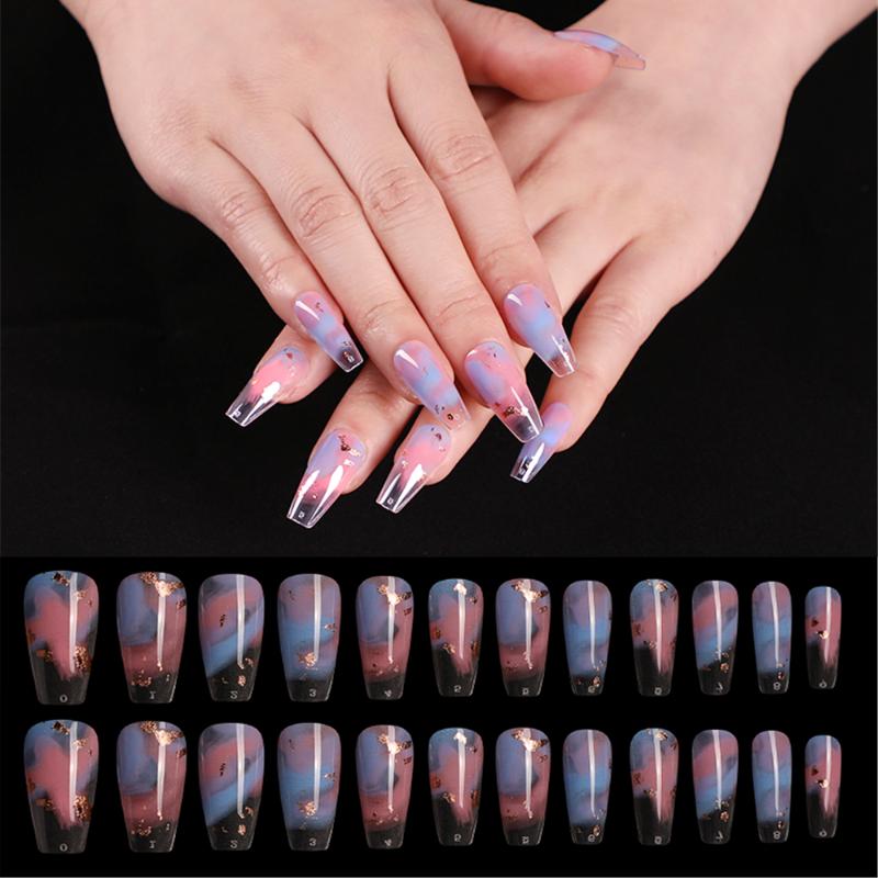 

24pcs Professional Fake Nails Long Coffin False Nails Rainbow Ballerina Nail Art Tips Colorful Beauty Artificial Nail Extention, Blue