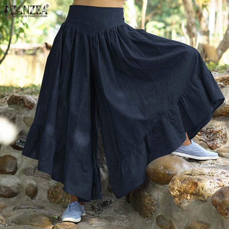 

Fashion High Waist Wide Leg Pants Women' Autumn Trousers 2020 ZANZEA Casual Bow Ruffle Pantalon Palazzo Female Solid Turnip, Beige