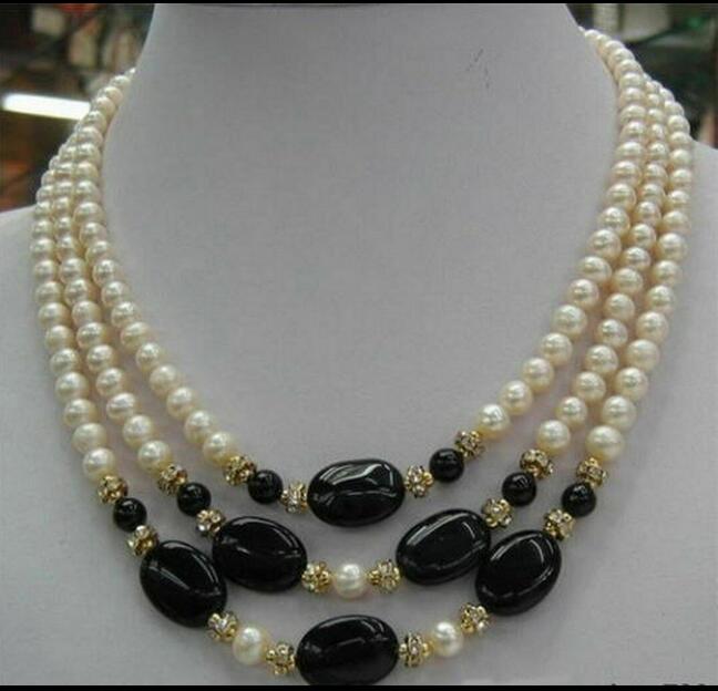 

Beautiful 3Rows 7-8mm White Pearl+Black bead Crystal Necklace 18-20