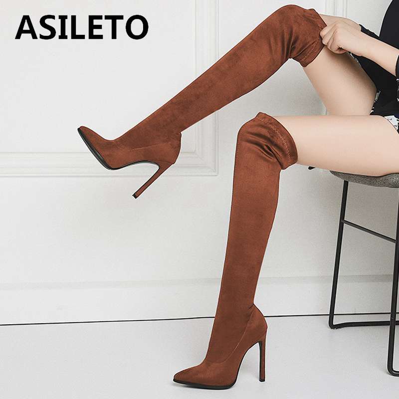 

ASILETO 11 colors kid suede Over the knee boots supper high heels stiletto stretch long thigh high booties lady sexy shoes botas, Black