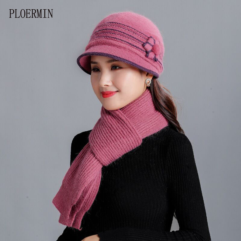 

2020 New Women's Brand Winter Hat Scarf Sets Thermal Fur Hats Outdoor Thick Wool Knitted Hats Caps Baggy Headwear Cap, Leather pink hat