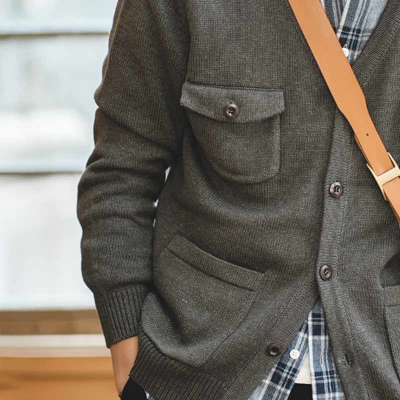 

Japanese-style Casual V-neck Cardigan Sweater Kaji Multi-pockets Sweater Workwear Coat Men J975, Dark grey