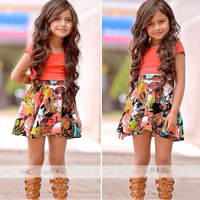 

Fashion Kids Clothes Girls Outfits Summer Baby Girl Clothes Set Cotton Short Sleeve Orange Tops+Skirts Children Clothing 2-6Year, As picture