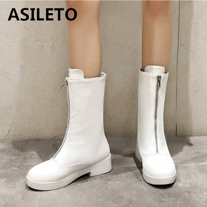 

ASILETO Women Mid-Calf Boots Round Toe Square Thick Heels Faux Leather Front Zipper Metel Decoration Big size 34-43 Autumn, Black
