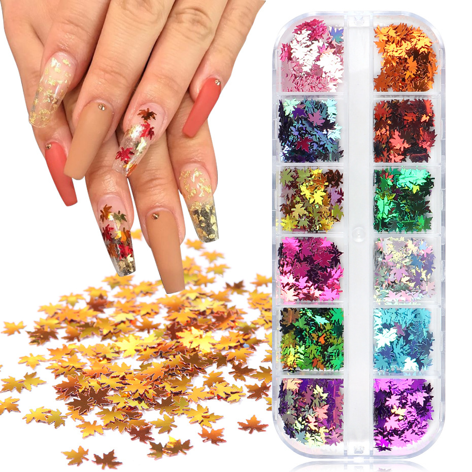 12lots Maple Leaves Nail Art Sequins Holographic Glitter Flakes Paillette Chameleon Stickers For Nails Autumn Design Decor-image-588610190