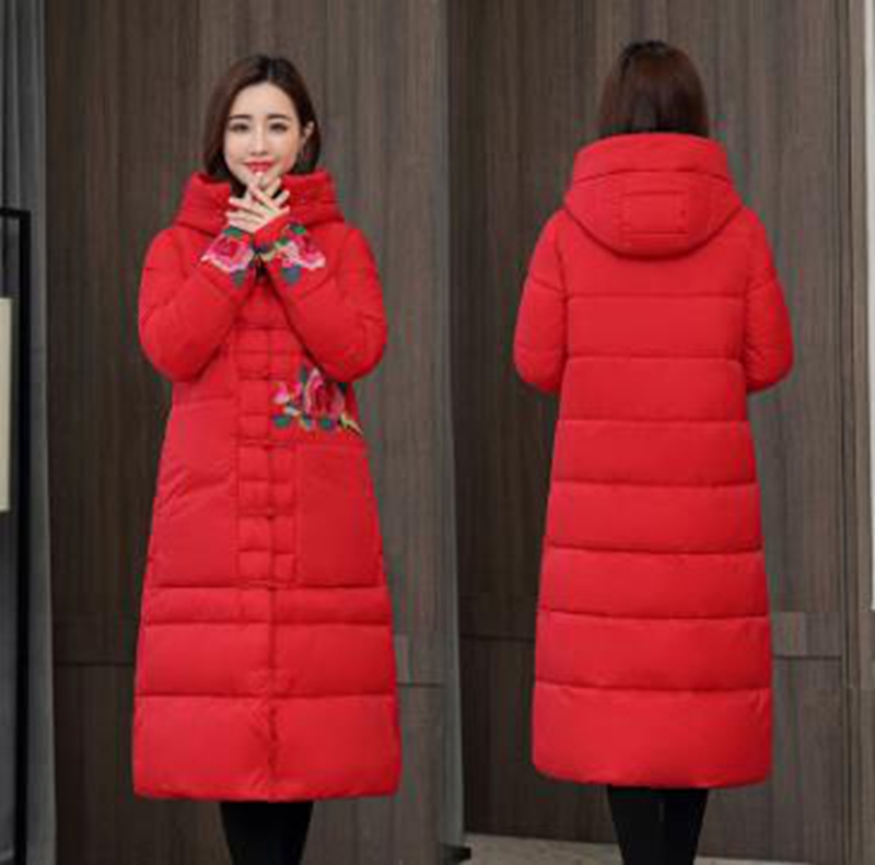 

Wholesale new women's ethnic style retro winter long coat thickened loose embroidered coat, Rose red